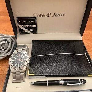 Silver and Black Men's Watch, Passport Wallet and Pen